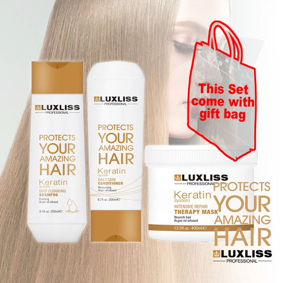 LUXLISS Keratin Shampoo Conditioner Hair Mask With Gift Bag 250+200+400ml J16CSD*