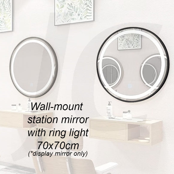 [Wall Mount Service Not Included] Wall-mount Station Mirror With Ring Light Round Black 70x70cm J34RLB