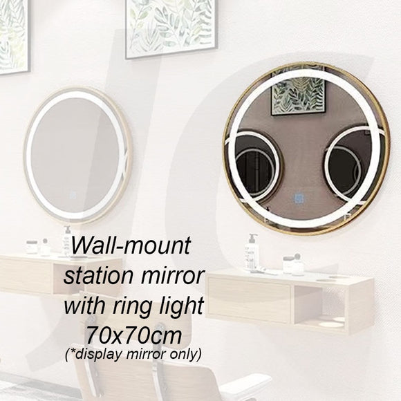 [Wall Mount Service Not Included] Wall-mount Station Mirror With Ring Light Round Gold 70x70cm J34RGH