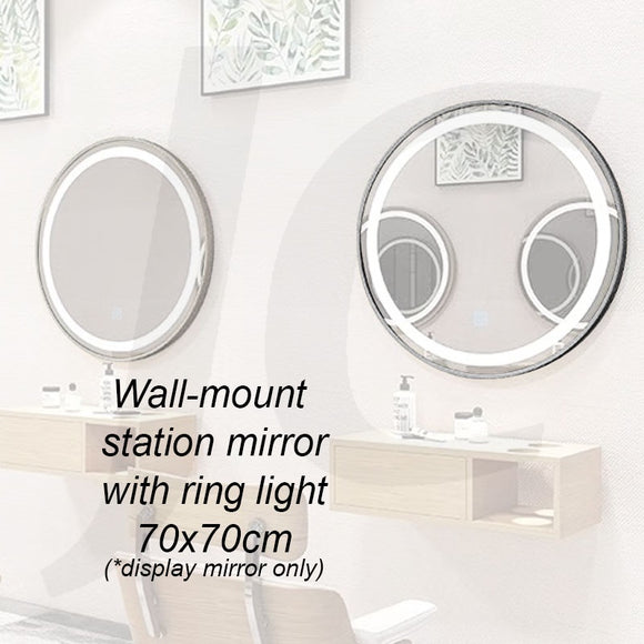 [Wall Mount Service Not Included] Wall-mount Station Mirror With Ring Light Round Silver 70x70cm J34RSW