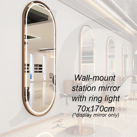 [Wall Mount Service Not Included] Wall-mount  Station Mirror With Ring Light Oval Gold 70x170cm J34WRL